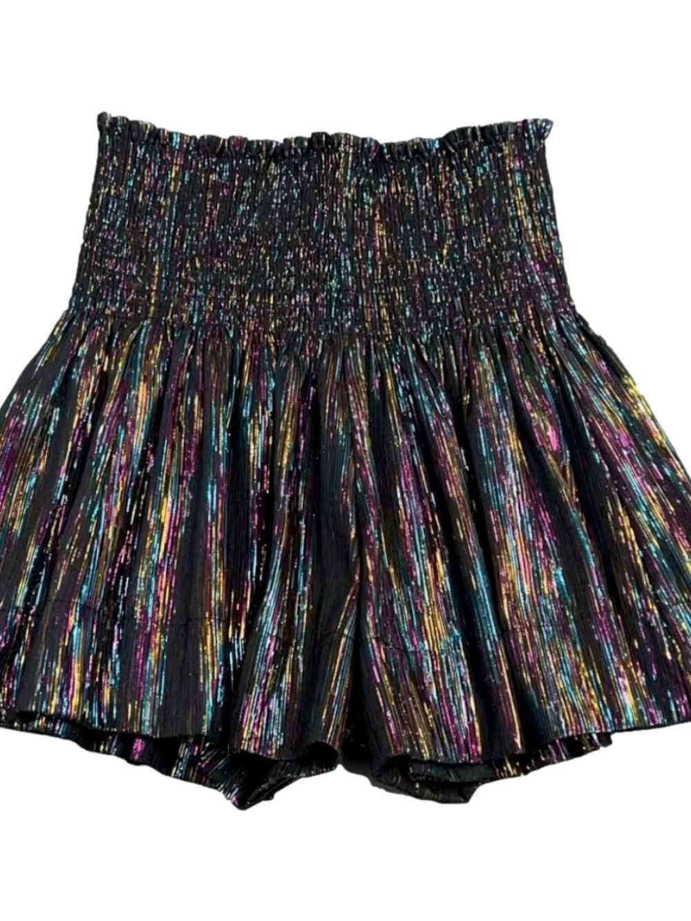 QUEEN OF SPARKLES Black Metallic Rainbow High-Waist Smocked Shorts